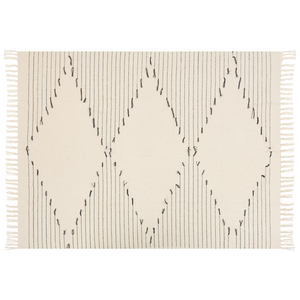 Coperta in cotone bianco e nero 130 x 170 cm con motivo a righe e frange decorative, fatta a mano.