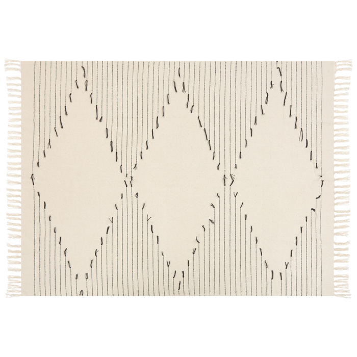 Coperta in cotone bianco e nero 130 x 170 cm con motivo a righe e frange decorative, fatta a mano.