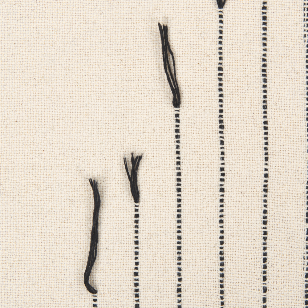 Coperta in cotone bianco e nero 130 x 170 cm con motivo a righe e frange decorative, fatta a mano.