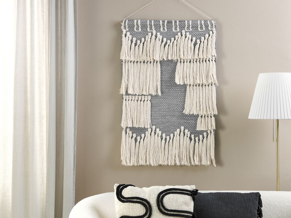 Decorazione da parete in cotone grigio e beige intrecciata a mano con frange Decorazione da parete in stile bohémien Soggiorno Camera da letto