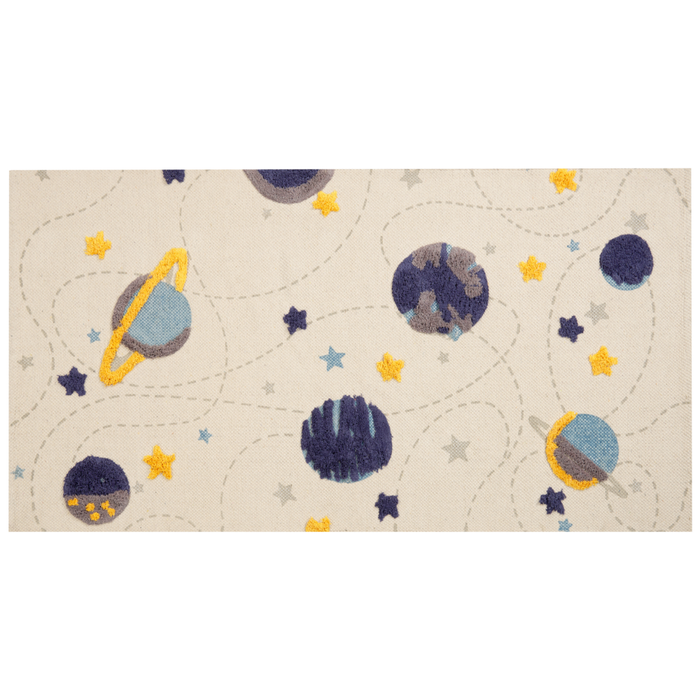 Tappeto per aree multicolore con stampa di stelle e pianeti 80 x 150 cm, per la sala giochi dei bambini.