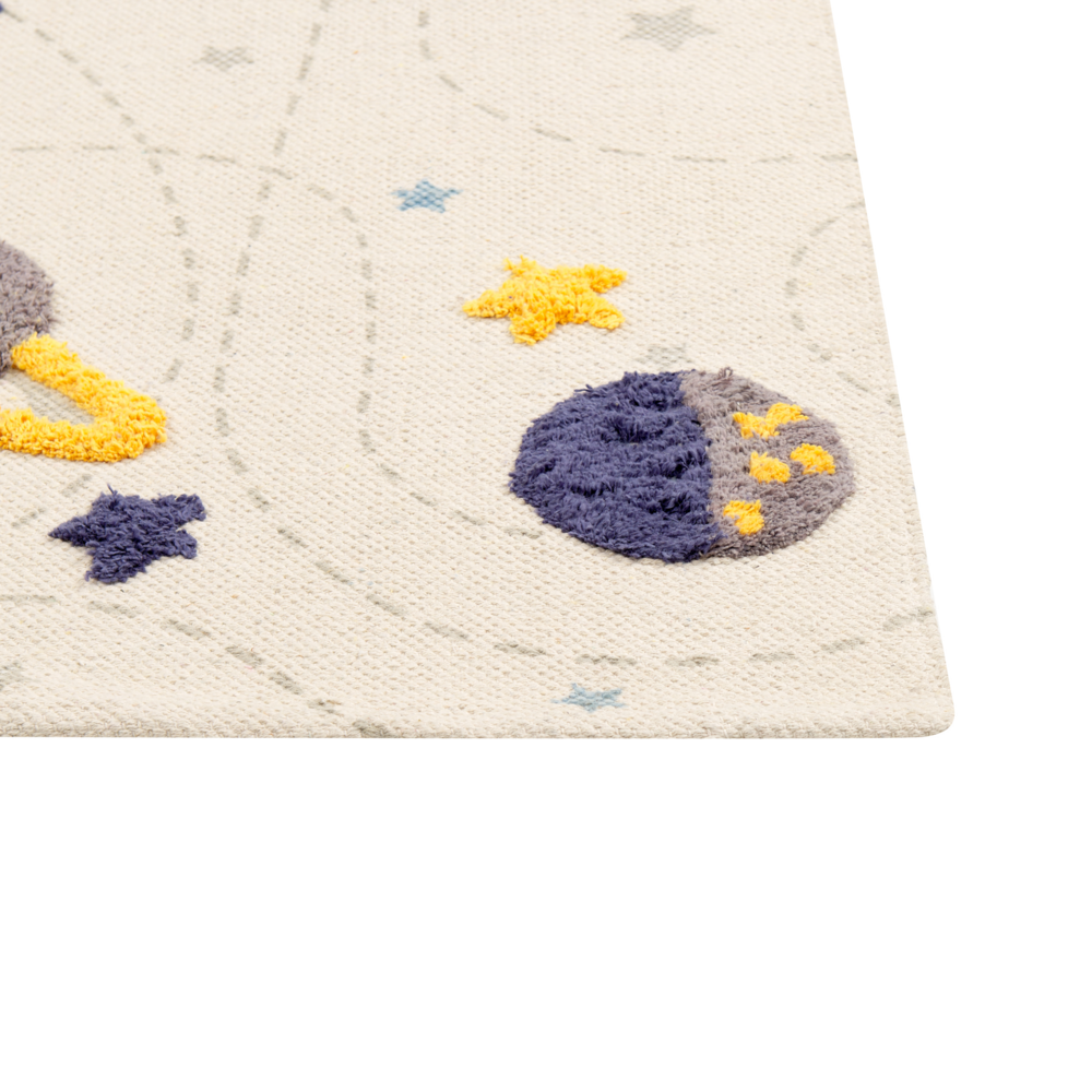 Tappeto per aree multicolore con stampa di stelle e pianeti 80 x 150 cm, per la sala giochi dei bambini.