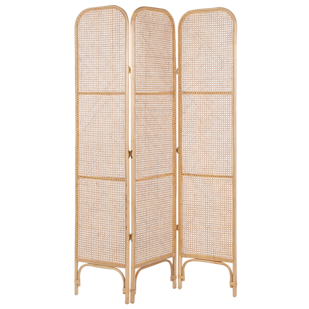 Divisorio per ambienti con telaio in rattan naturale e rete a 3 pannelli, schermo pieghevole e decorativo.