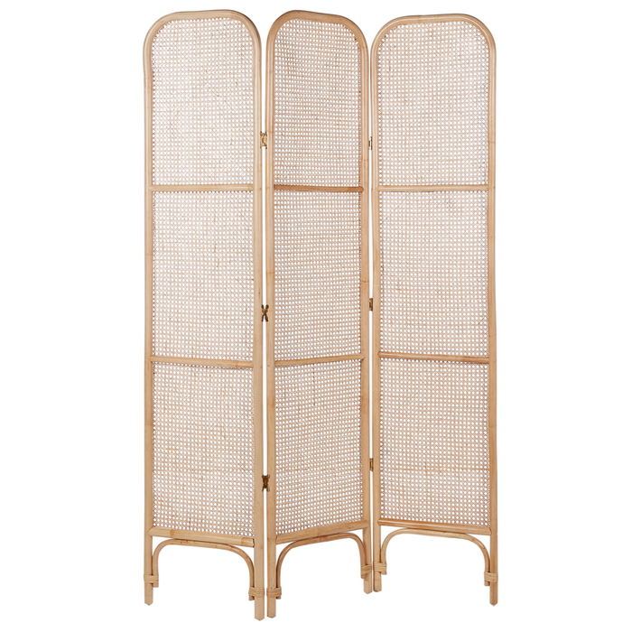 Divisorio per ambienti con telaio in rattan naturale e rete a 3 pannelli, schermo pieghevole e decorativo.