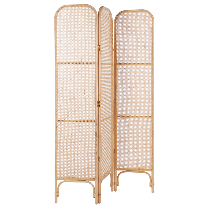 Divisorio per ambienti con telaio in rattan naturale e rete a 3 pannelli, schermo pieghevole e decorativo.