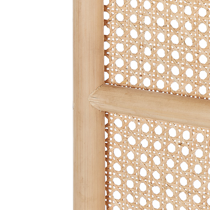 Divisorio per ambienti con telaio in rattan naturale e rete a 3 pannelli, schermo pieghevole e decorativo.