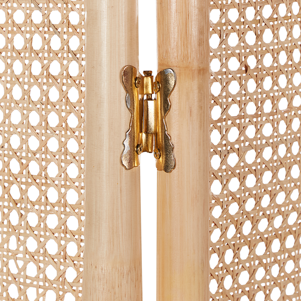 Divisorio per ambienti con telaio in rattan naturale e rete a 3 pannelli, schermo pieghevole e decorativo.