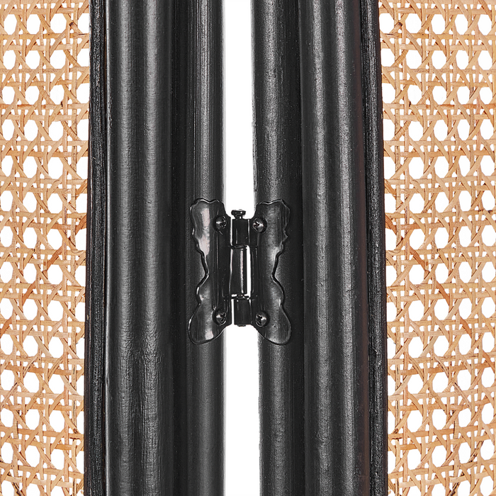 Divisorio per ambienti con telaio in rattan nero e rete a 3 pannelli, schermo pieghevole e decorativo.