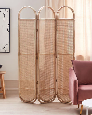 Divisorio per ambienti con telaio in rattan nero e rete a 3 pannelli, schermo pieghevole e decorativo.