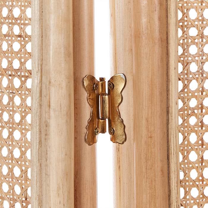 Divisorio per ambienti con telaio in rattan nero e rete a 3 pannelli, schermo pieghevole e decorativo.