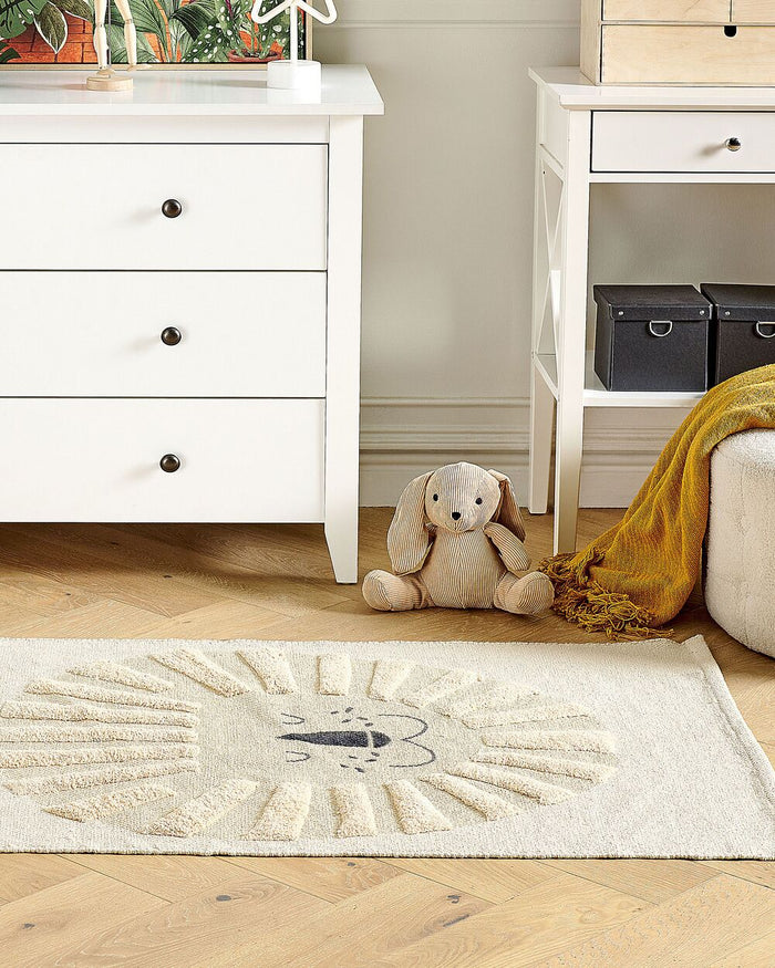 Tappeto per bambini in cotone con motivo leone 80 x 150 cm tessuto a mano Beige cameretta camera dei bambini