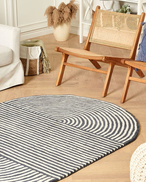 Tappeto da salotto in lana a righe ovali bianco e grigio grafite 140 x 200 cm soggiorno camera da letto