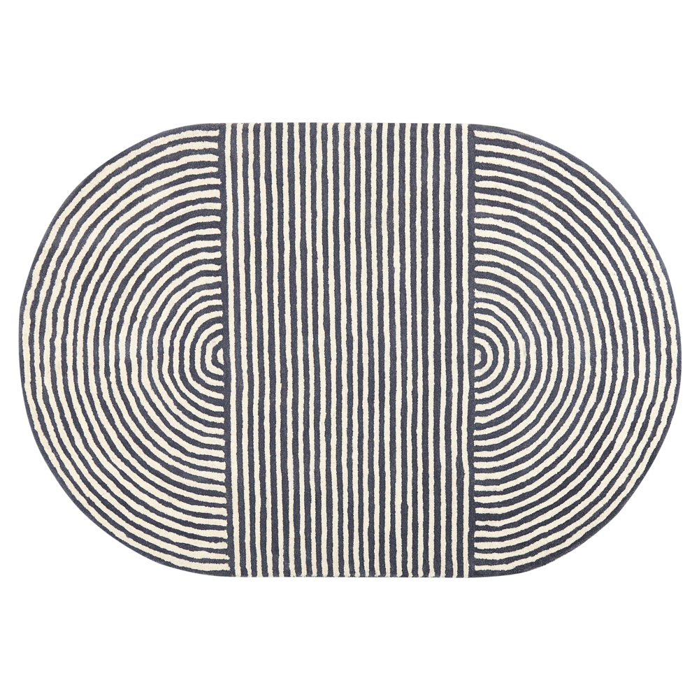 Tappeto da salotto in lana a righe ovali bianco e grigio grafite 140 x 200 cm soggiorno camera da letto
