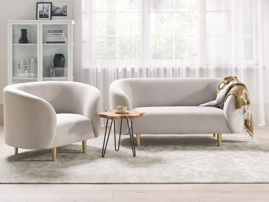 Set divano e poltrona 3 posti in poliestere beige e oro con gambe dorate stile glamour retrò soggiorno