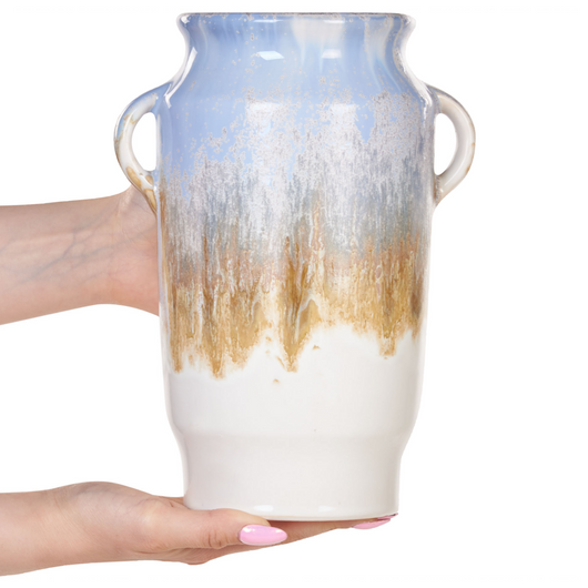 Vaso decorativo per fiori in gres porcellanato con manici blu design moderno
