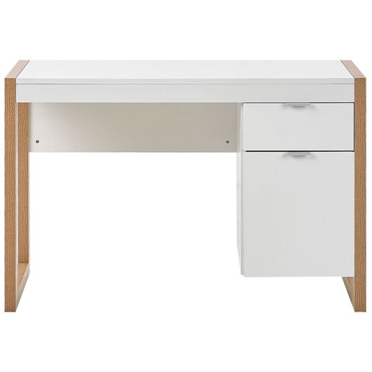Scrivania da casa in legno bianco 110 x 50 cm cassetto portaoggetti in legno chiaro design minimalista