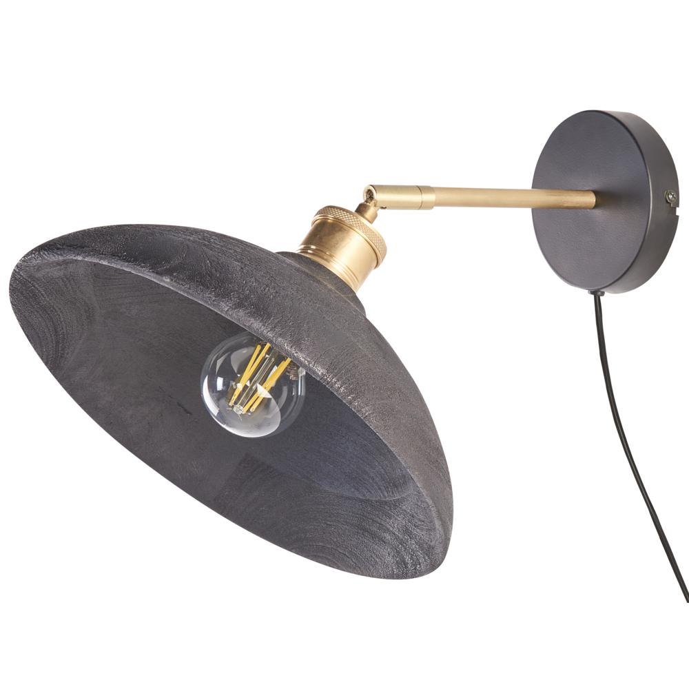 Lampada da parete nera e ottone con paralume a cono in legno di mango Camera da letto Soggiorno Design moderno e rustico Luce a sospensione