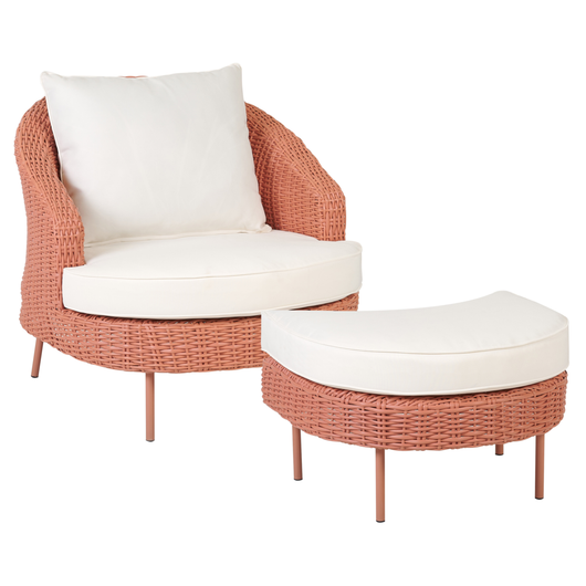 Poltrona da giardino in rattan in vimini colore rosa con poggiapiedi esterno giardino stile boho