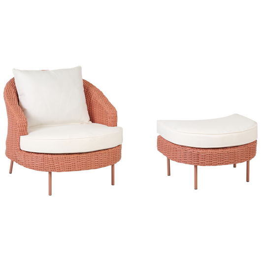 Poltrona da giardino in rattan in vimini colore rosa con poggiapiedi esterno giardino stile boho