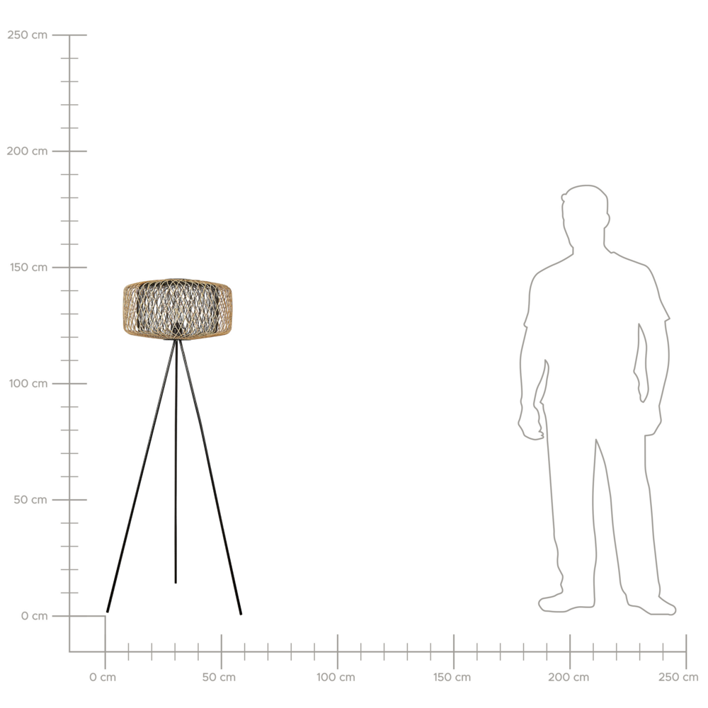 Lampada da terra a stelo in bambù con paralume aperto e base in metallo 120 cm naturale e nera soggiorno stile boho
