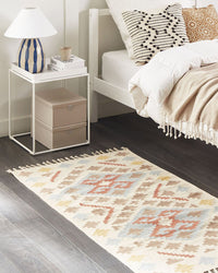 Tappeto Kilim in cotone multicolore 80 x 150 cm a pelo basso con motivi geometrici e frange Rettangolare Tradizionale