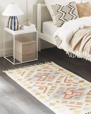 Tappeto Kilim in cotone multicolore 80 x 150 cm a pelo basso con motivi geometrici e frange Rettangolare Tradizionale