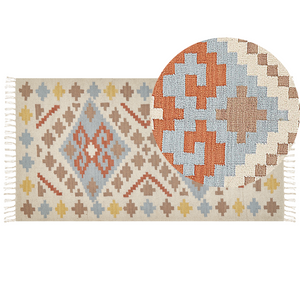 Tappeto Kilim in cotone multicolore 80 x 150 cm a pelo basso con motivi geometrici e frange Rettangolare Tradizionale