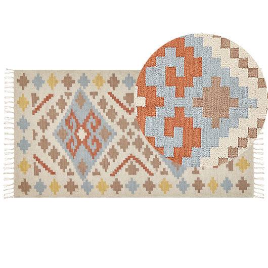 Tappeto Kilim in cotone multicolore 80 x 150 cm a pelo basso con motivi geometrici e frange Rettangolare Tradizionale