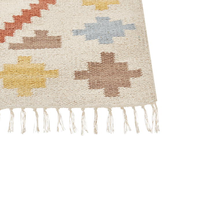 Tappeto Kilim in cotone multicolore 80 x 150 cm a pelo basso con motivi geometrici e frange Rettangolare Tradizionale
