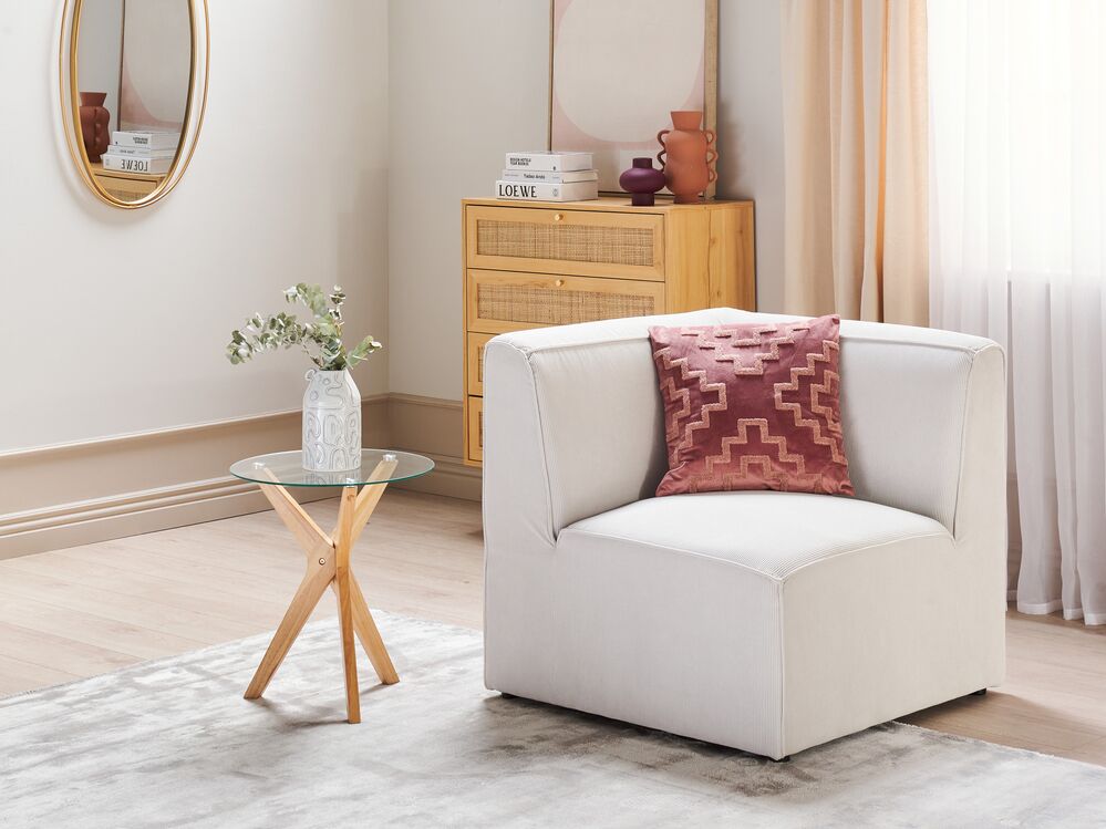 Modulo divano a 1 posto in velluto a coste bianco sporco con sezione angolare. Divano moderno a un posto