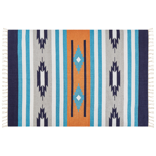 Tappeto Kilim multicolore in cotone 200 x 300 cm tessuto a mano a trama piatta reversibile con motivi geometrici e frange, tradizionale Boho, per il soggiorno e la camera da letto.