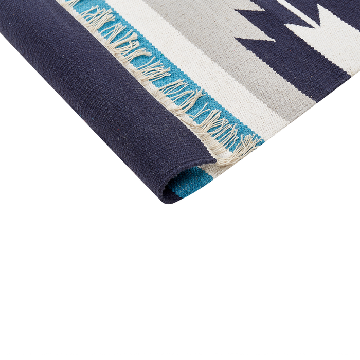 Tappeto Kilim multicolore in cotone 80 x 300 cm tessuto a mano a trama piatta reversibile con motivi geometrici e frange, tradizionale Boho, per il soggiorno e la camera da letto.