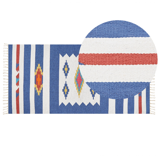 Tappeto Kilim multicolore in cotone 80 x 150 cm tessuto a mano a trama piatta reversibile con motivi geometrici e frange, tradizionale Boho, per il soggiorno e la camera da letto.