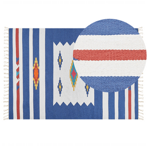 Tappeto Kilim multicolore in cotone 140 x 200 cm tessuto a mano a trama piatta reversibile con motivi geometrici e frange, tradizionale Boho, per il soggiorno e la camera da letto.