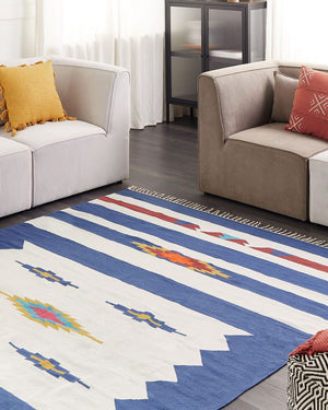 Tappeto Kilim multicolore in cotone 200 x 300 cm tessuto a mano a trama piatta reversibile con motivi geometrici e frange, tradizionale Boho, per il soggiorno e la camera da letto.