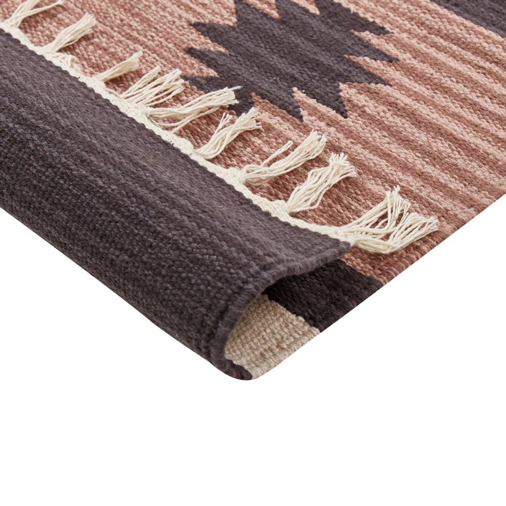 Tappeto kilim in cotone marrone e beige 80 x 300 cm trapuntato a mano con nappe geometriche soggiorno camera da letto