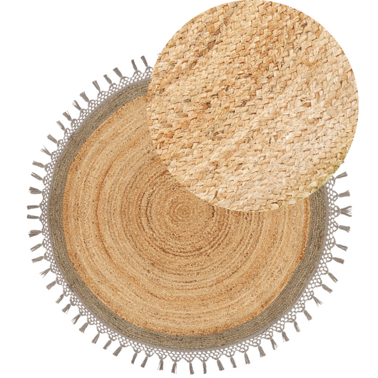 Tappeto Beige e Grigio Rotondo 140 cm Boho Rustico Spirale Intrecciato Fatto a mano Juta Naturale Camera da letto Soggiorno