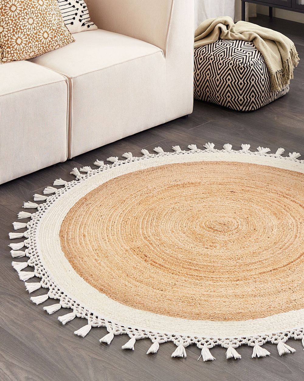 Tappeto Beige e Bianco Rotondo 140 cm Boho Rustico Spirale Intrecciato Fatto a mano Juta Naturale Camera da letto Soggiorno