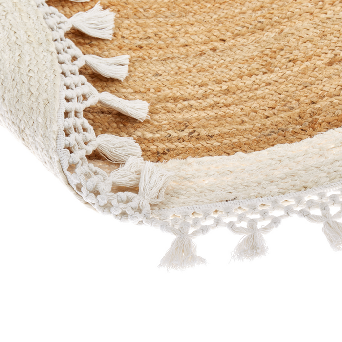 Tappeto Beige e Bianco Rotondo 140 cm Boho Rustico Spirale Intrecciato Fatto a mano Juta Naturale Camera da letto Soggiorno