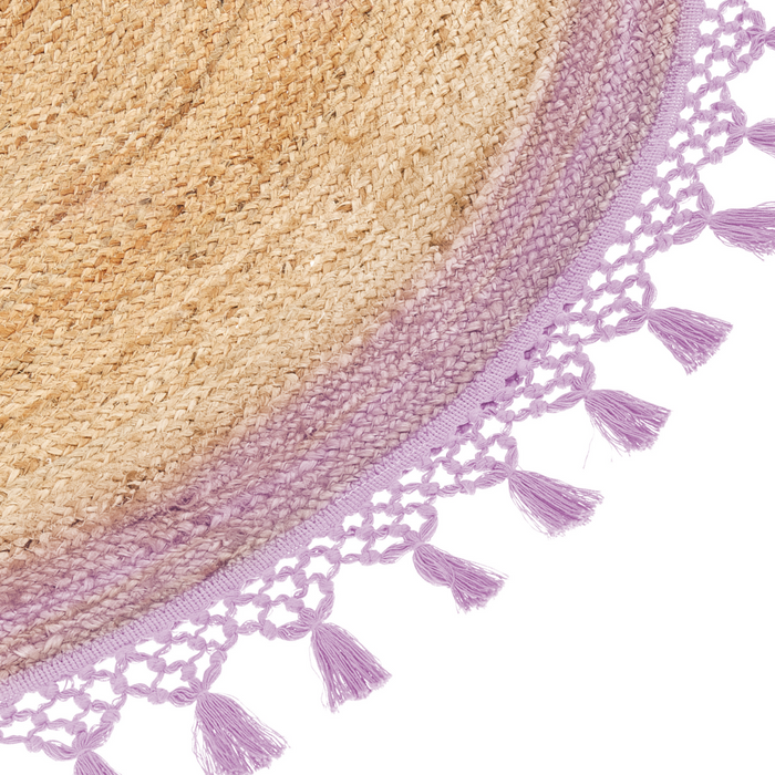 Tappeto Beige e Viola Rotondo 140 cm Boho Rustico Spirale Intrecciato Fatto a mano Juta Naturale Camera da letto Soggiorno