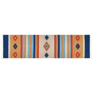 Tappeto Kilim in cotone intrecciato a mano con motivo geometrico reversibile e nappe 80 x 300 cm multicolore soggiorno camera da letto