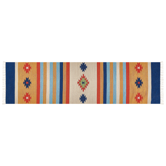 Tappeto Kilim in cotone intrecciato a mano con motivo geometrico reversibile e nappe 80 x 300 cm multicolore soggiorno camera da letto