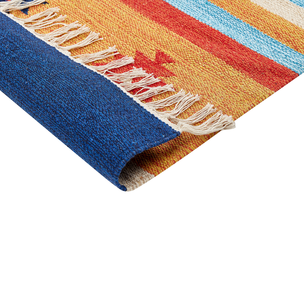 Tappeto Kilim in cotone intrecciato a mano con motivo geometrico reversibile e nappe 80 x 300 cm multicolore soggiorno camera da letto