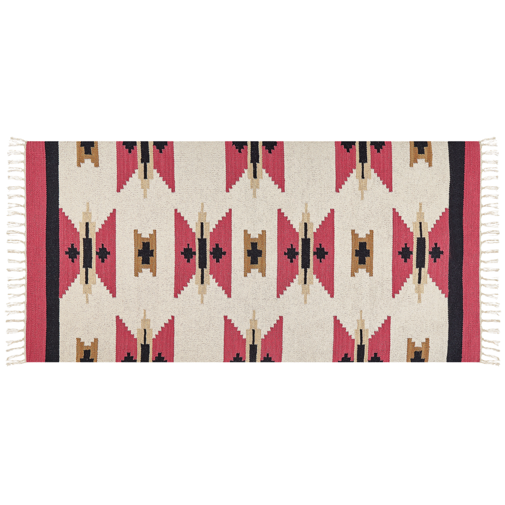 Tappeto Kilim in cotone tessuto a mano reversibile con motivo geometrico e nappe multicolore 80 x 150 cm soggiorno camera da letto