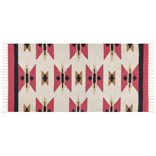 Tappeto Kilim in cotone tessuto a mano reversibile con motivo geometrico e nappe multicolore 80 x 150 cm soggiorno camera da letto
