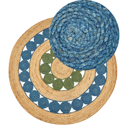 Tappeto blu e verde rotondo 140 cm Boho Rustico a spirale intrecciato fatto a mano Juta naturale Camera da letto Soggiorno