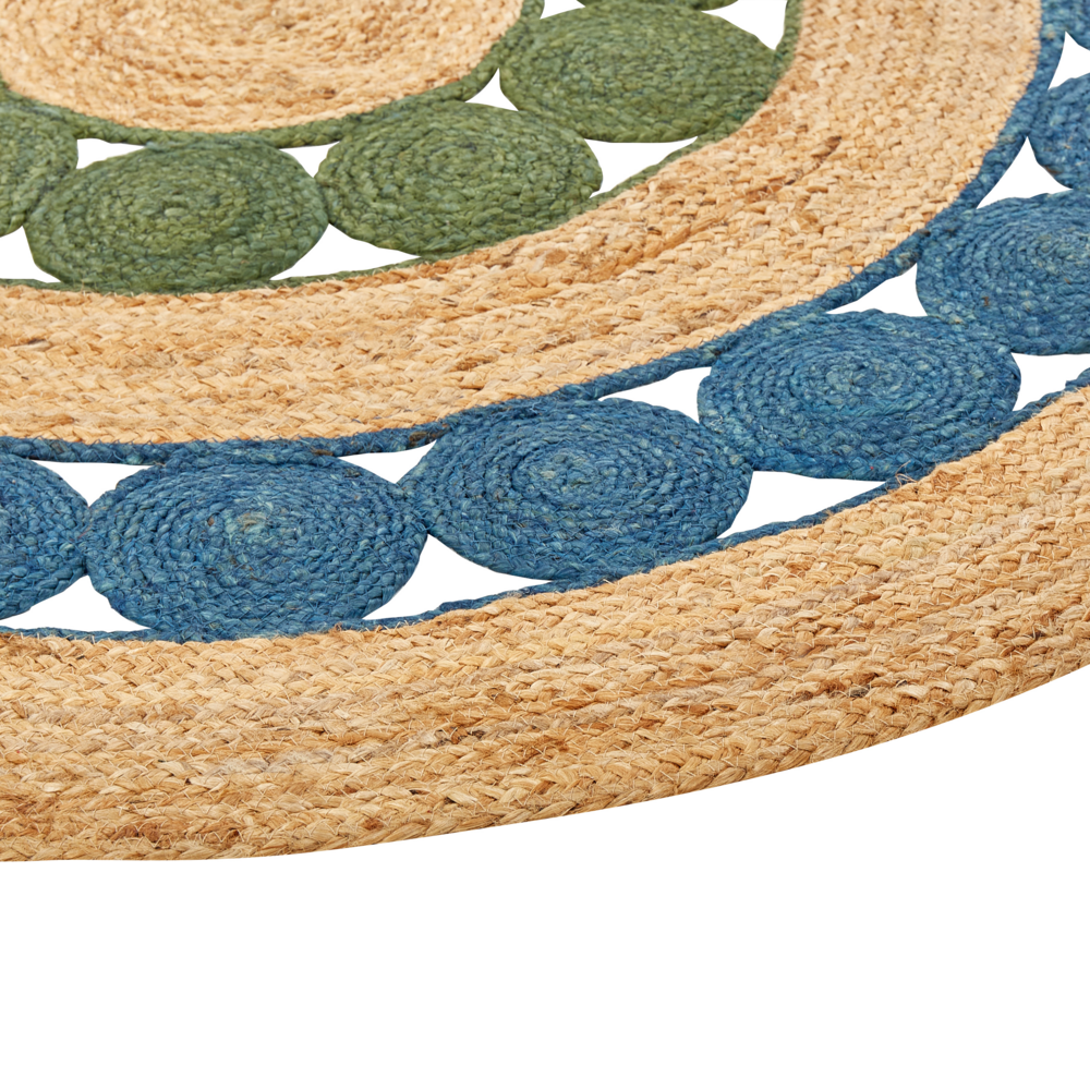 Tappeto blu e verde rotondo 140 cm Boho Rustico a spirale intrecciato fatto a mano Juta naturale Camera da letto Soggiorno