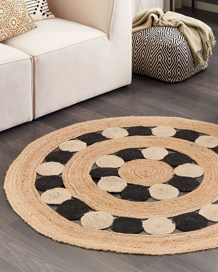 Tappeto beige e nero rotondo 140 cm Boho Rustico a spirale intrecciato fatto a mano Juta naturale Camera da letto Soggiorno