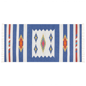 Tappeto Kilim multicolore in cotone 80 x 150 cm tessuto a mano a trama piatta reversibile con motivi geometrici e frange, tradizionale Boho, per il soggiorno e la camera da letto.