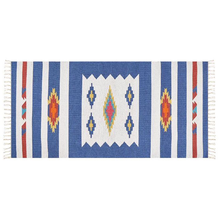 Tappeto Kilim multicolore in cotone 80 x 150 cm tessuto a mano a trama piatta reversibile con motivi geometrici e frange, tradizionale Boho, per il soggiorno e la camera da letto.